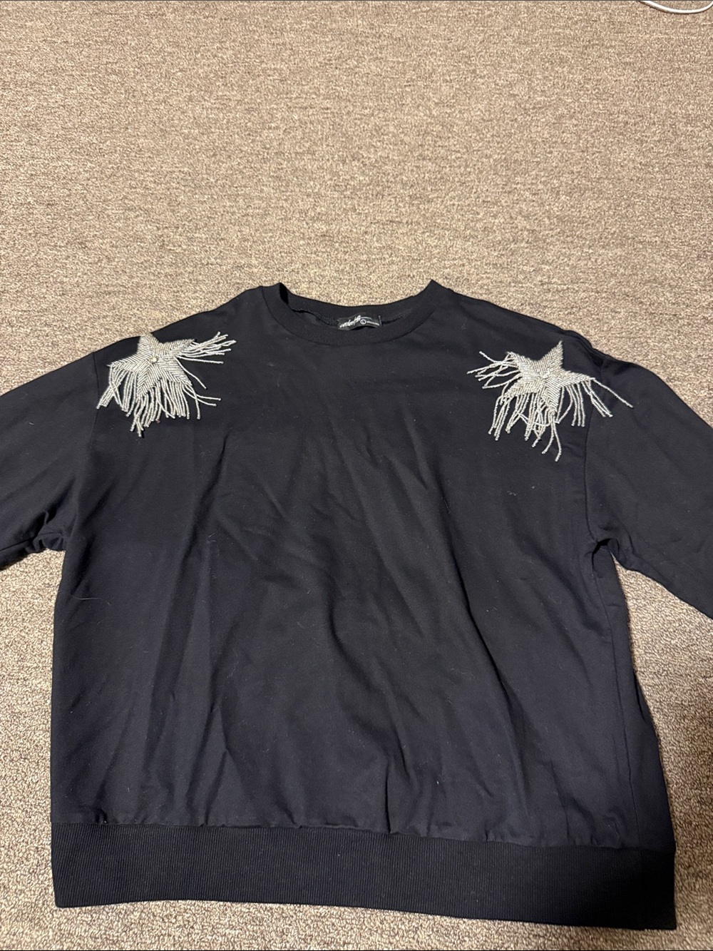 Black Sweatshirt with Beaded Star Fringe Shoulders
